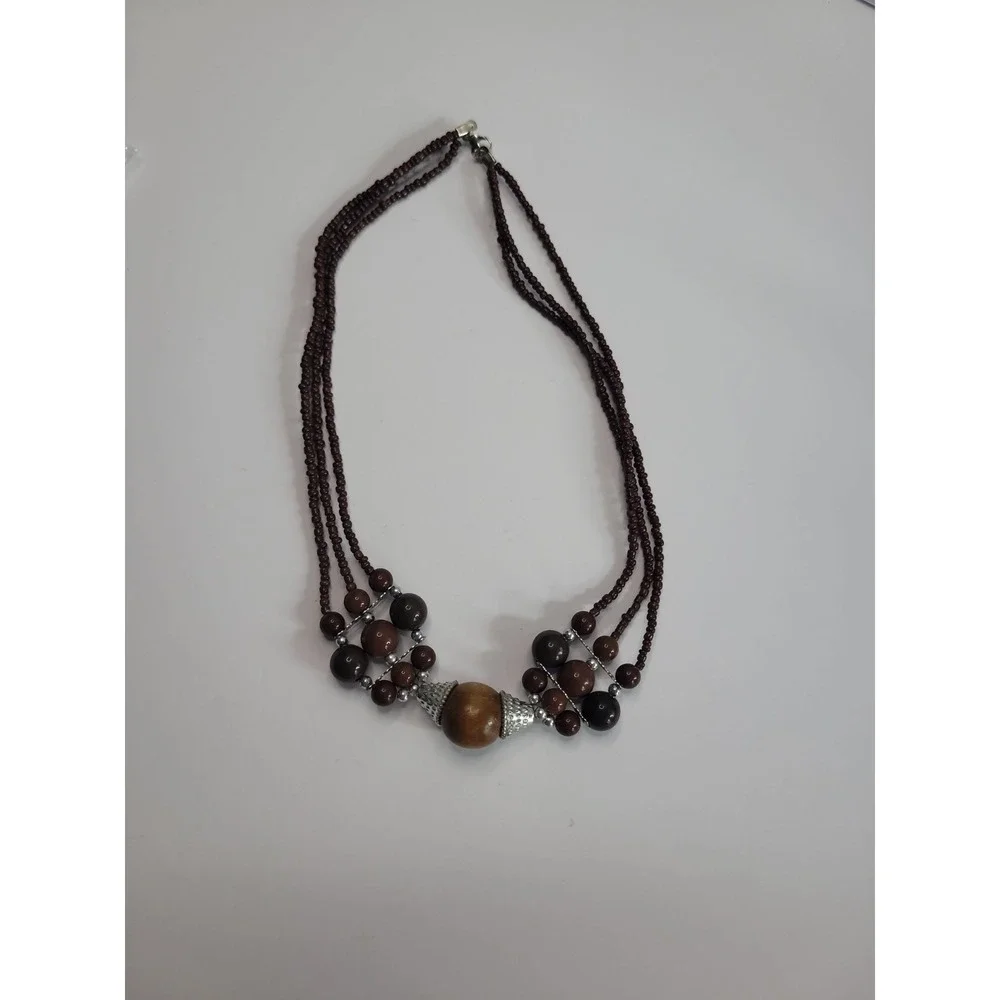 Brown Multi Strand Beaded Necklace Silver Tone Boho Statement Tribal Style